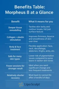 How Often Can I have Morpheus 8? 3 Table showing the benefits of Morpheus 8 treatment from Lipo Sculpt Iver